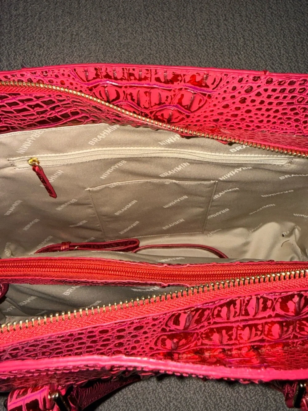 Brahmin Bright Red Croc-Embossed Tote with Gold Hardware